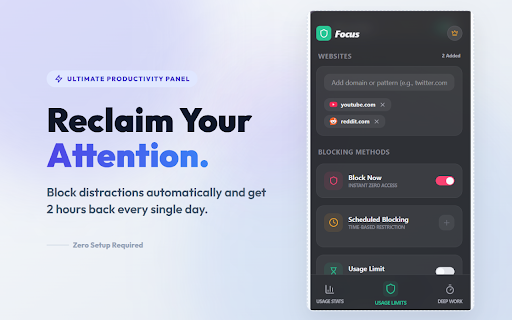 Focus: Usage stats, usage limits, study timer :: A Chrome sidepanel extension for browser focus and productivity. Track site usage, set daily limits, and enter deep work sessions.