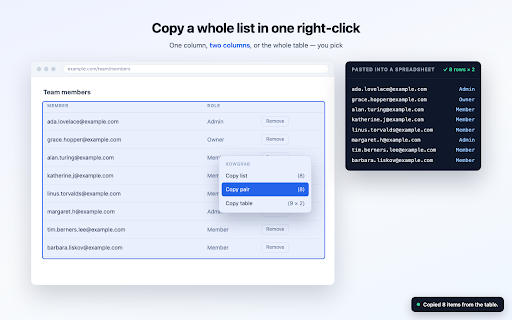 RowGrab — Copy Any List or Dropdown :: Right-click any list, dropdown or table: copy one column, two columns as a pair, or the whole table. Free and fully offline.