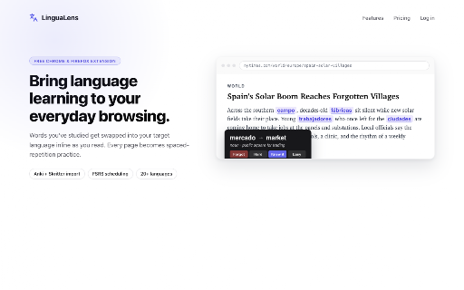 LinguaLens :: Vocabulary reinforcement while you read. LinguaLens swaps studied words inline as you browse. Only snippets leave your browser.