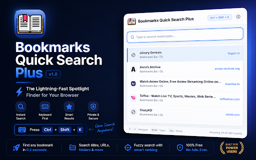 Bookmarks Quick Search Plus :: Instantly search, navigate, and open your bookmarks with a sleek, fast interface.