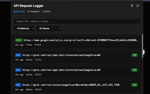API Request Logger :: Developer tool that logs all API calls made by websites. Shows method, headers, payload, and response in a clean dev-friendly UI.