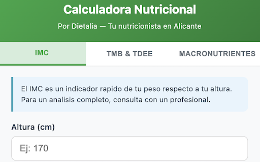 Calculadora Nutricional Dietalia :: Calcula tu IMC, Tasa Metabolica Basal (TMB), TDEE y macronutrientes. Creado por Dietalia - Tu nutricionista en Alicante.