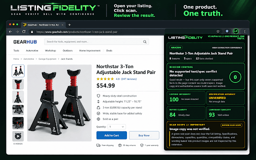 Listing Fidelity Scanner :: Checks product listings for factual conflicts and flags image copy and source-truth verification as unverified.