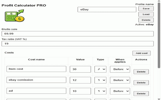 Profit Calculator PRO :: Calculate net profit, margin, and detailed cost breakdowns from brutto sales with saved profiles.