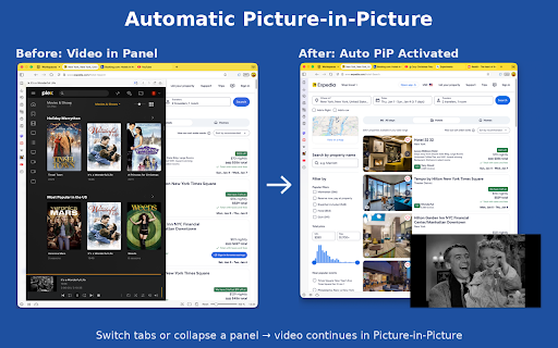 Better Auto PiP :: Automatically enable Picture-in-Picture for videos when switching tabs or collapsing panels (Vivialdi only).