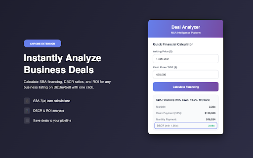 Deal Analyzer - M&A Intelligence :: Instantly analyze business deals, calculate SBA financing, and save opportunities to your pipeline