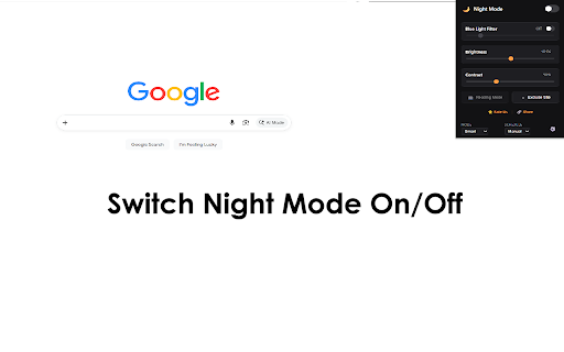 Night Mode Browser Dark Theme :: Protects eyes with smart dark mode, blue light filter, brightness/contrast adjustments, scheduled activation