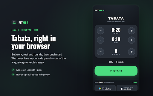 Fitmer — Tabata Timer :: Tabata & HIIT interval timer in your browser side panel — also great for work breaks and focus sessions.