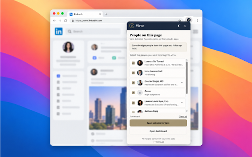 Virre AI :: Virre AI sidebar for LinkedIn — sign in, see if a profile is already a connection, and act on it.