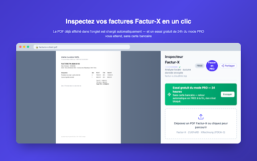Inspecteur Factur-X :: Inspectez, validez et exportez vos factures électroniques Factur-X, ZUGFeRD et XRechnung directement dans Chrome.
