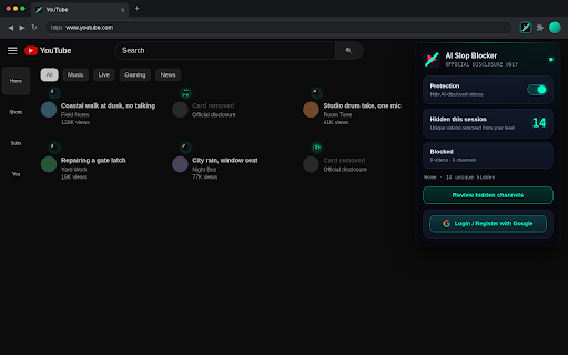 AI Slop Blocker - Hide YouTube AI Videos :: Hide AI YouTube videos from Home, Search, and Related using YouTube's own Made with AI disclosure. Free. No tracking.