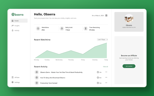 Obserra - YouTube Time Limit & Insights :: Master your YouTube habits with tools for limits, insights, and productivity. Stay focused and achieve your goals effortlessly.
