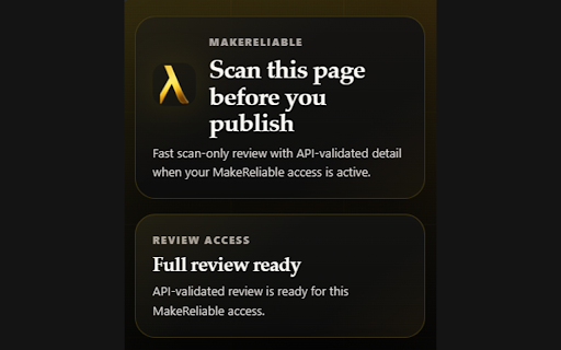 MakeReliable - Ad Preflight Checker :: Scan landing pages and live web copy for risky claims before you publish, with full MakeReliable review available after sign-in.