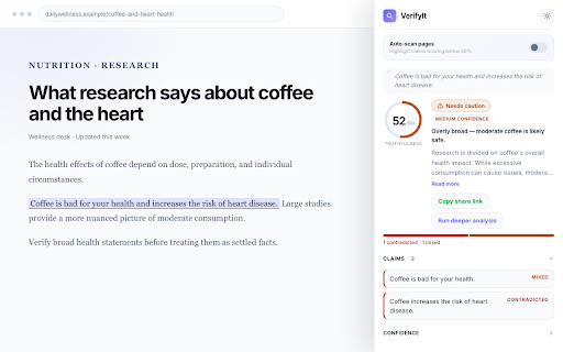 VerifyIt :: Fact-check selected factual claims on webpages using AI-assisted analysis and cited web sources.