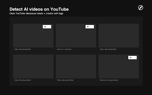 YouTube AI Content Detector :: Spot AI-labeled YouTube videos. Hide them, warn with badges, or block autoplay. Local-only — nothing leaves your browser.