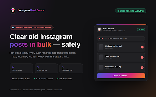 Instagram Post Deleter – Bulk Remove by Date :: Bulk delete your Instagram posts and photos by date range. Fast, safe, one-click. Unofficial, not affiliated with Instagram.