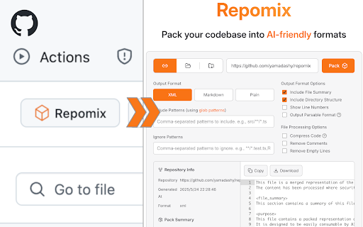 Repomix :: Add a button to quickly access Repomix from GitHub repositories