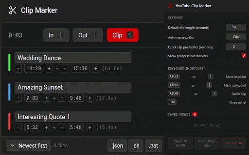 YouTube Clip Marker :: Mark in/out clip points on YouTube videos. Export to JSON or yt-dlp commands. Built by thomas.codes