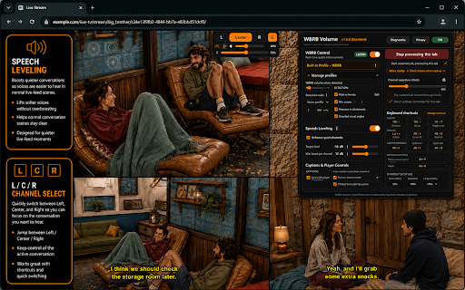 WBRB Volume :: Balances split-stream audio, reduces WBRB breaks, centers live feeds, and adds separate left/right captions.