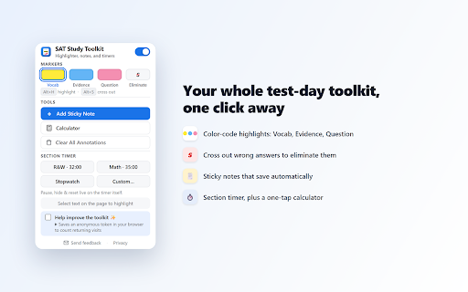 SAT Study Toolkit :: Digital SAT study toolkit: highlight, cross out, take notes, time yourself, and open a calculator.