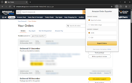 Order History Exporter for Amazon :: Export your Amazon order history as JSON or CSV files