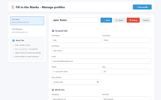 Website Toolkit: Form Tester :: Fill forms instantly with test data profiles. Extract data from a form to create a new profile.