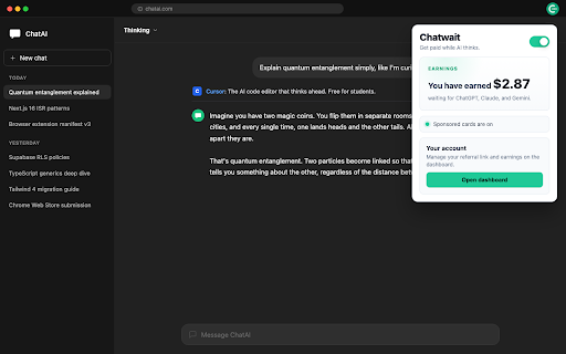 Chatwait: Get paid while AI thinks :: Earn while ChatGPT, Claude, and Gemini thinks. We cannot read your chats.