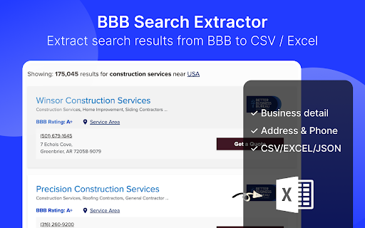 BBB Extractor - Extract search results to CSV :: Extract and export BBB business search results to CSV, Excel, or JSON.