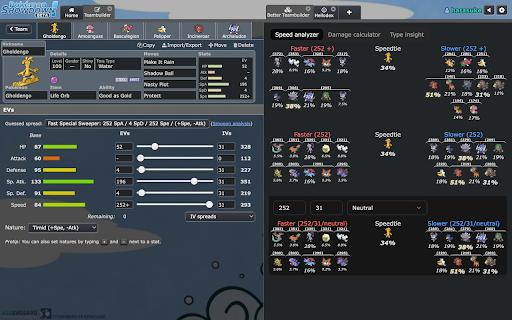 Better Teambuilder :: Speed tiers, type coverage analysis, and Smogon usage stats for the Pokemon Showdown teambuilder.