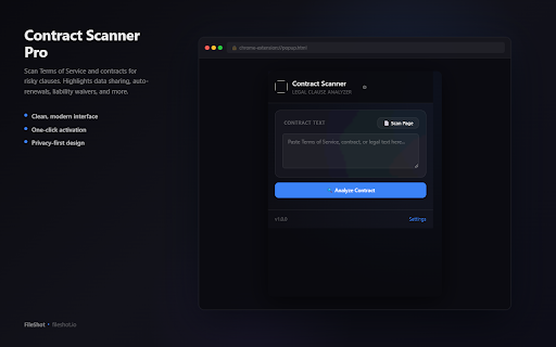 Contract Scanner Pro :: Scan Terms of Service and contracts for risky clauses. Highlights data sharing, auto-renewals, liability waivers, and more.