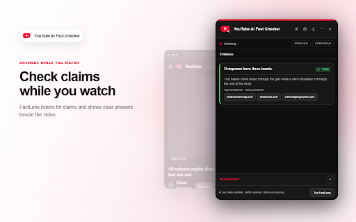 YouTube Lens - AI Fact Checker :: Fact check YouTube videos as you watch with AI transcription, live web evidence, clear verdicts, timestamps, and source links.