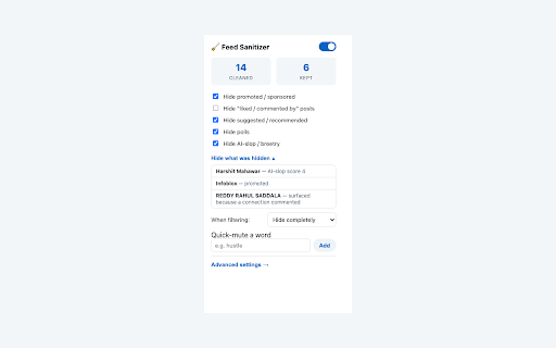 Feed Sanitizer for LinkedIn :: Clean up your LinkedIn feed: hide ads, AI broetry & bait, mute keywords, or show ONLY the topics/people you value. 100% local.