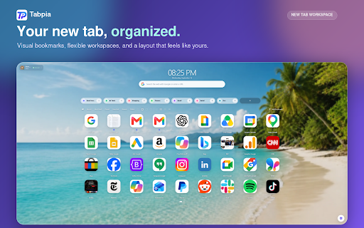 Tabpia New Tab :: A modern new tab workspace with workspaces, bookmarks, and wallpapers.