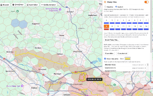 Floaty Tiles for Google Maps :: Overlays Uber H3 hexagon tiles on Google Maps. Show and fill resolution-8 tiles — the grid Floaty uses to log your flights.