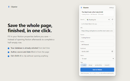 Clipwise — Notion Web Clipper: Save & Clip Articles to Notion :: Save any article or web page to your Notion database in one click. Free, no login, no account — keeps the whole article intact.