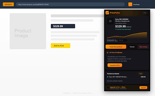 PricePulse — Amazon Price Tracker with AI :: Track Amazon prices, get AI buy-or-wait predictions, and never overpay. Free for 3 products; $5/mo Pro for unlimited + AI.