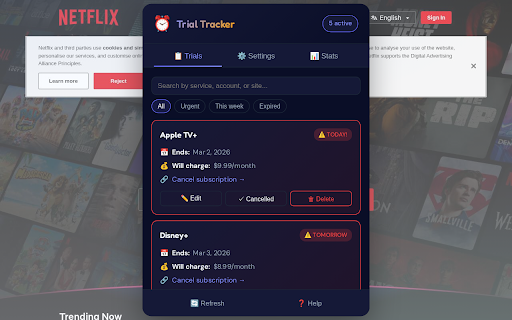 Trial Tracker :: Track free trials with reminders, cloud backup, import/export, and stats so you never miss a cancellation date.