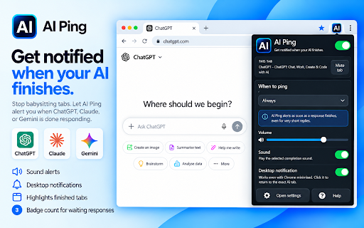AI Ping :: Get a sound or desktop notification when ChatGPT, Claude, or Gemini finishes responding.