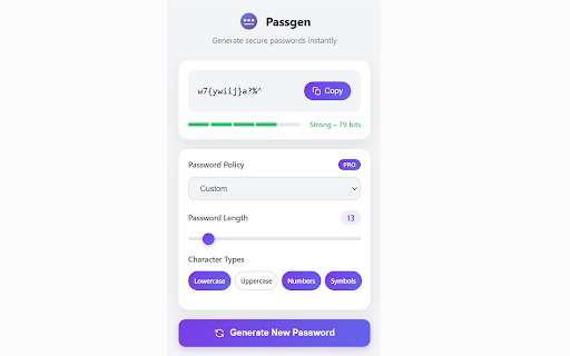Passgen – Secure Password Generator :: Generate strong, secure passwords instantly. Auto-fill password fields with cryptographically random passwords.