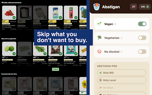 Abstigan :: Filter out products that don't fit your diet from online grocery stores. Vegan, vegetarian, alcohol-free, allergens and more.