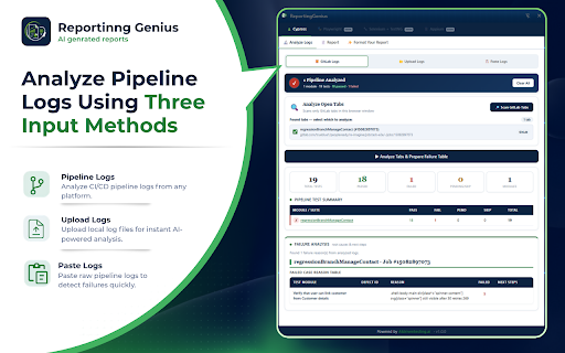 ReportingGenius :: Turn test logs into share-ready reports: analyze pipelines, extract failures, and generate Teams-ready formats