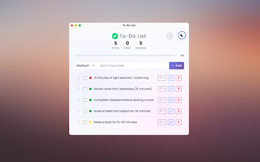 To-Do List :: A minimalistic and professional to-do list with priority support, tabbed interface (Pending/Completed), and night theme