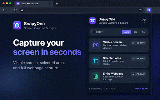 SnapyOne - Screen Capture & PDF Export :: Capture visible screen, selected area, or entire full page. Annotate, blur sensitive info, and export to PNG, JPG, or PDF.