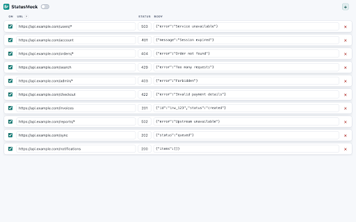 StatusMock: Modify Status Codes & Responses :: Override HTTP status codes and response bodies.