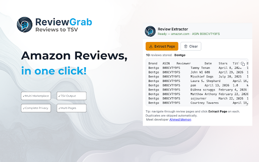ReviewGrab - Reviews to TSV :: Export product reviews to TSV. Copy to Excel or Google Sheets in one click. Multi-page capture with duplicate detection.
