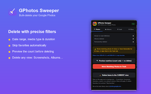Google Photos Bulk Delete :: Bulk delete all photos, albums, and trash from Google Photos. 100% private, runs in your browser.