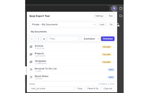 Quip Export Tool :: Browse and export Quip documents as Word or Excel files. Navigate folders, filter by name, and bulk download entire folder trees