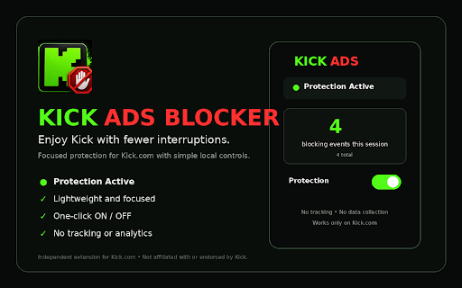 Kick Ads Blocker :: A focused ad-blocking companion for Kick.com with an on/off control and local blocking-event counter.