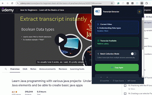 Transcript Extractor :: Extract transcripts from educational platforms with smart sequential processing and multiple export formats