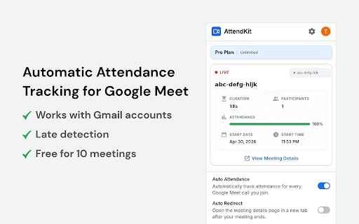 AttendKit: Google Meet Attendance Tracker :: Automatic attendance tracking for Google Meet. Know who joined, when they arrived, and how long they stayed. Free for 10 meetings.